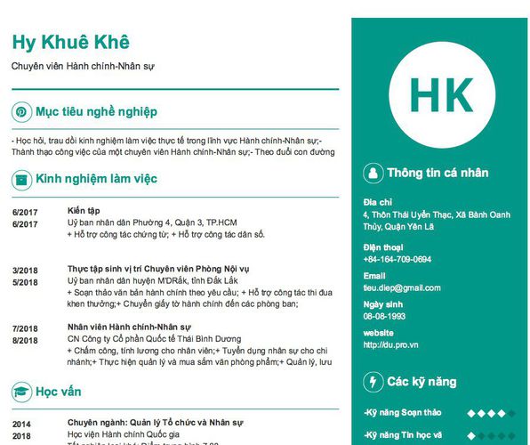 Mẫu CV Chuyên viên Hành chính-Nhân sự