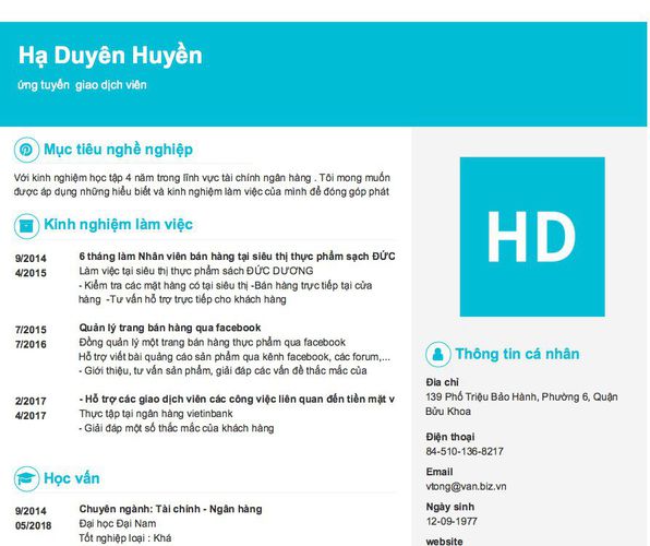 Mẫu CV ứng tuyển  giao dịch viên