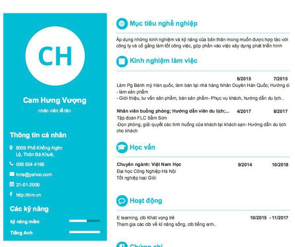 Mẫu CV nhân viên lễ tân
