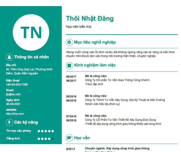 Mẫu CV Họa viên kiến trúc