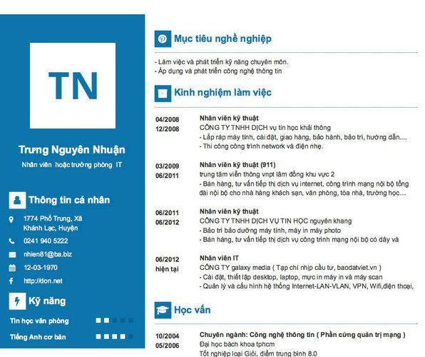 Mẫu CV Nhân viên  hoặc trưởng phòng  IT