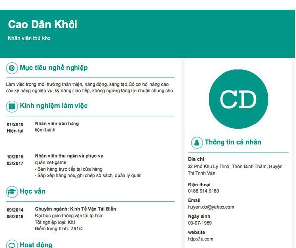 Mẫu CV Nhân viên thủ kho