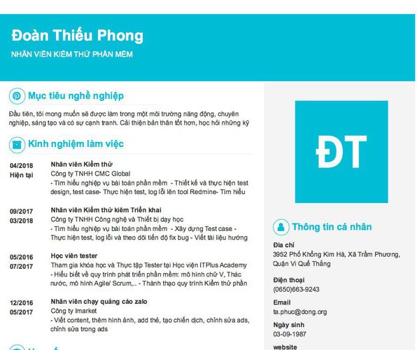 Mẫu CV NHÂN VIÊN KIỂM THỬ PHẦN MỀM