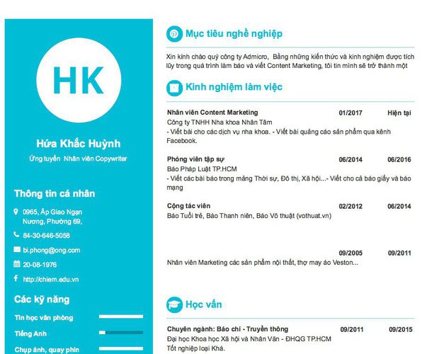 Mẫu CV Ứng tuyển  Nhân viên Copywriter