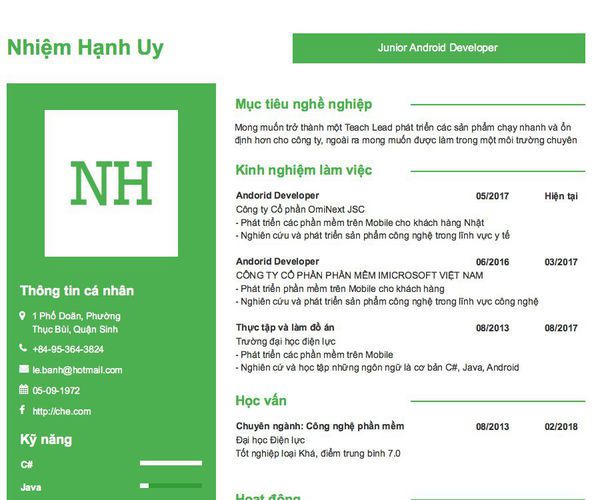 Mẫu CV Junior Android Developer