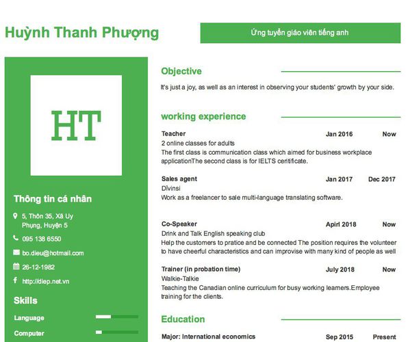Gợi ý cách viết Mẫu CV tham khảo Ứng tuyển giáo viên tiếng anh