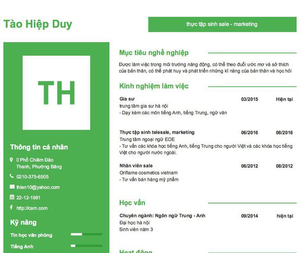 Mẫu CV thực tập sinh sale - marketing