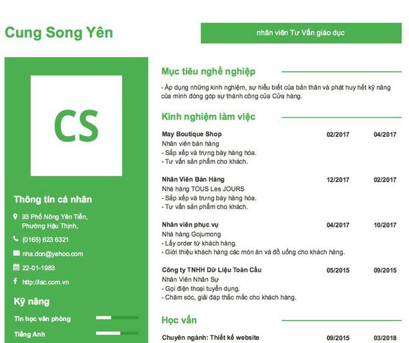 Mẫu CV nhân viên Tư Vấn giáo dục