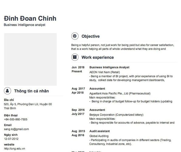 Mẫu CV Business Intelligence analyst