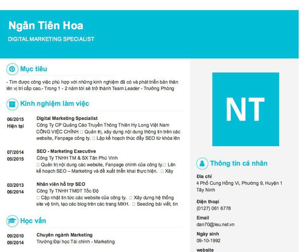 Mẫu CV DIGITAL MARKETING SPECIALIST