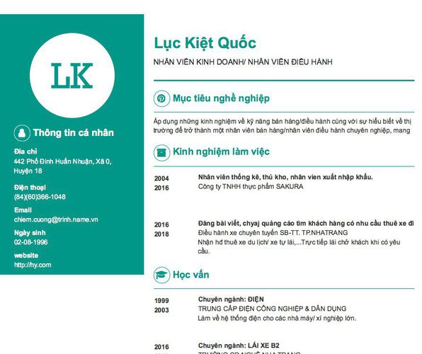 Mẫu CV NHÂN VIÊN KINH DOANH/ NHÂN VIÊN ĐIỀU HÀNH