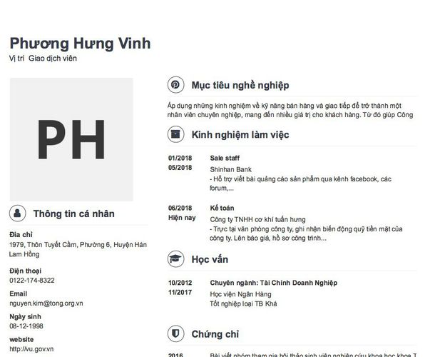 Mẫu CV Vị trí  Giao dịch viên