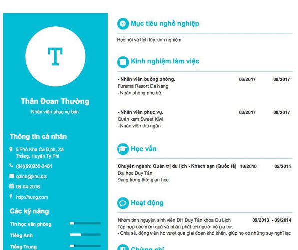 Mẫu CV Nhân viên phục vụ bàn