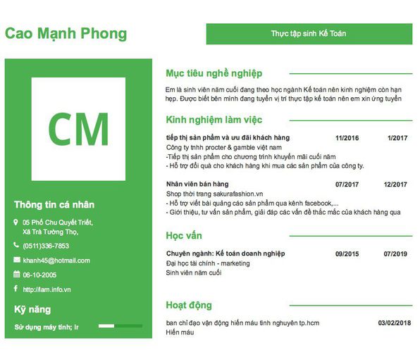 Gợi ý cách viết Mẫu CV tham khảo Thực tập sinh Kế Toán