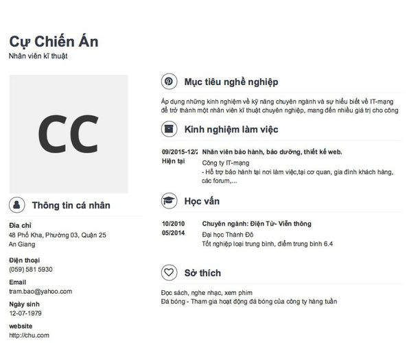 Mẫu CV Nhân viên kĩ thuật