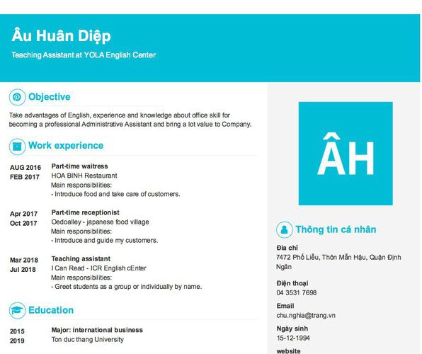 Mẫu CV Teaching Assistant at YOLA English Center