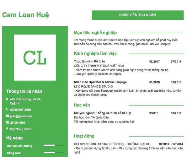 Mẫu CV NHÂN VIÊN THU NGÂN
