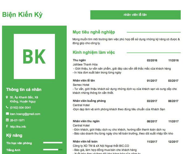 Mẫu CV nhân viên lễ tân