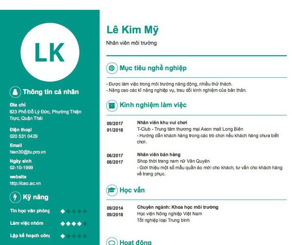 Mẫu CV Nhân viên môi trường