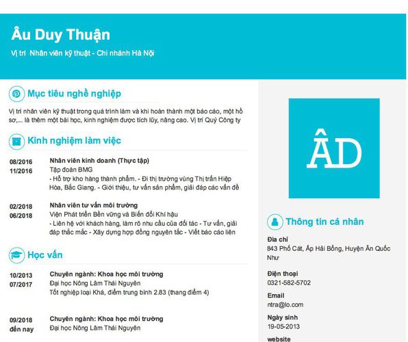 Gợi ý cách viết Mẫu CV tham khảo Vị trí  Nhân viên kỹ thuật - Chi nhánh Hà Nội