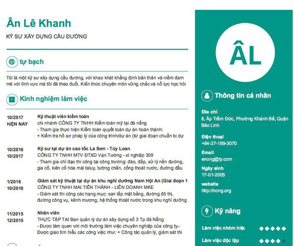 Mẫu CV KỸ SƯ XÂY DỰNG CẦU ĐƯỜNG