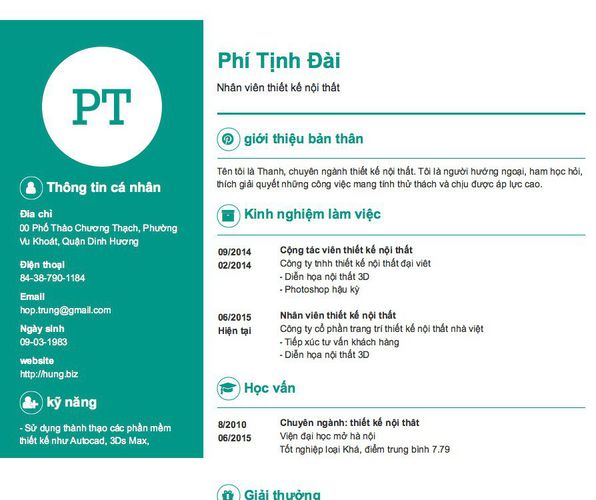 Mẫu CV Nhân viên thiết kế nội thất