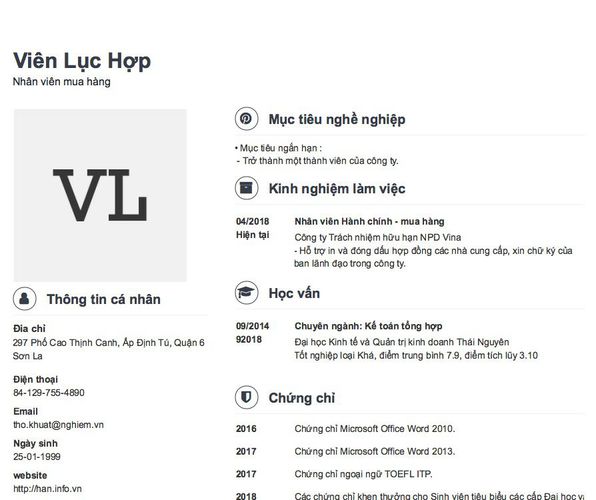 Mẫu CV Nhân viên mua hàng