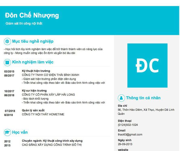 Mẫu CV  Giám sát thi công nội thất