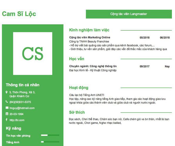 Mẫu CV Cộng tác viên Langmaster