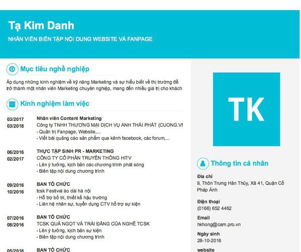 Mẫu CV NHÂN VIÊN BIÊN TẬP NỘI DUNG WEBSITE VÀ FANPAGE