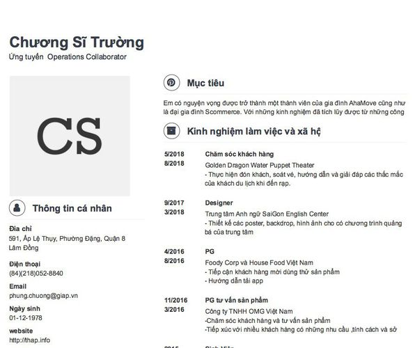 Mẫu CV Ứng tuyển  Operations Collaborator