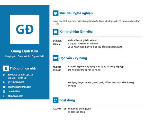 Mẫu CV Ứng tuyển : Giám sát thi công nội thất