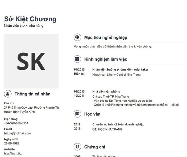 Mẫu CV Nhân viên thư kí nhà hàng