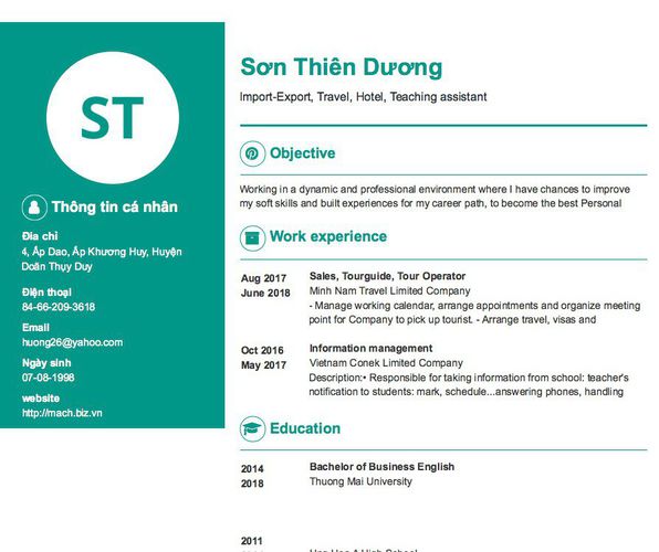Mẫu CV Import-Export, Travel, Hotel, Teaching assistant