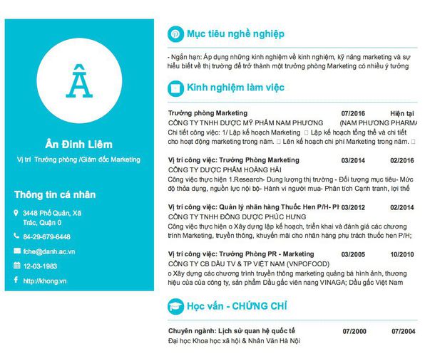 Mẫu CV Vị trí  Trưởng phòng /Giám đốc Marketing
