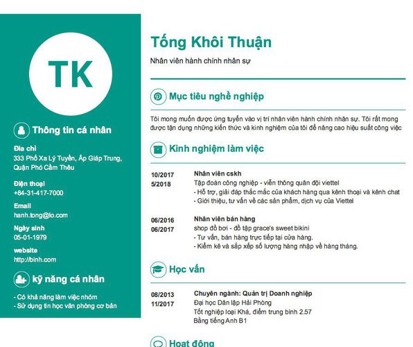 Mẫu CV Nhân viên hành chính nhân sự