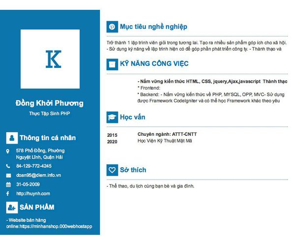 Mẫu CV Thực Tập Sinh PHP