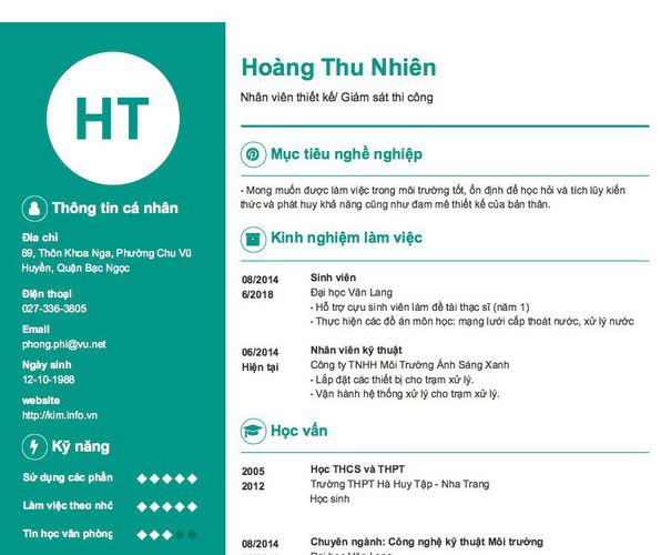 Mẫu CV Nhân viên thiết kế/ Giám sát thi công