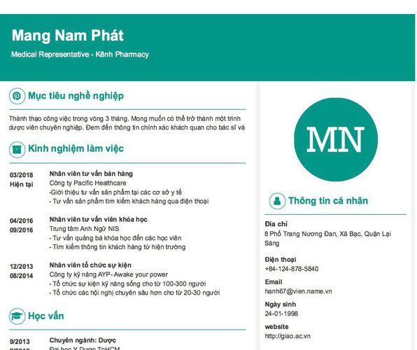 Mẫu CV Medical Representative - Kênh Pharmacy