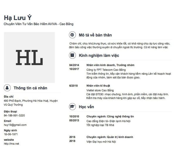 Gợi ý cách viết Mẫu CV tham khảo Chuyên Viên Tư Vấn Bảo Hiểm AVIVA - Cao Bằng