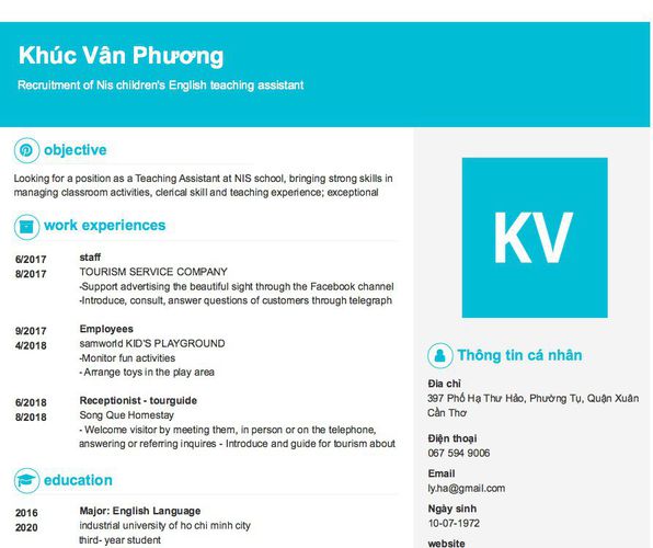 Gợi ý cách viết Mẫu CV tham khảo Recruitment of Nis children's English teaching assistant