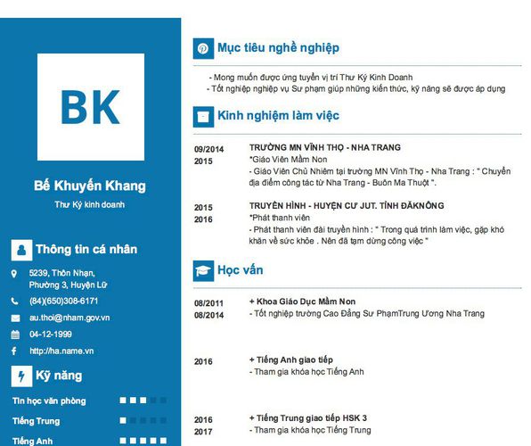Mẫu CV Thư Ký kinh doanh