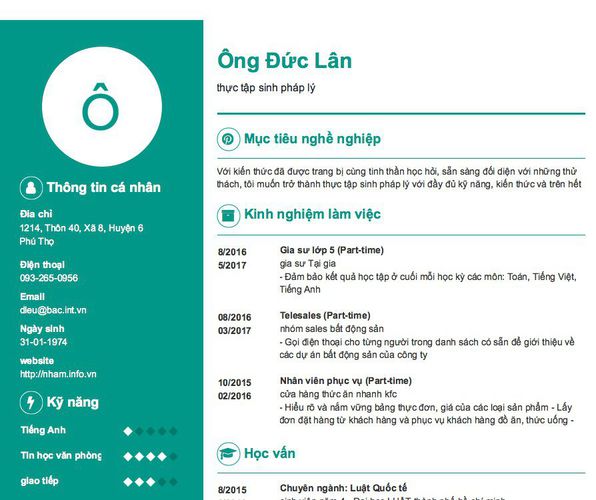 Mẫu CV thực tập sinh pháp lý