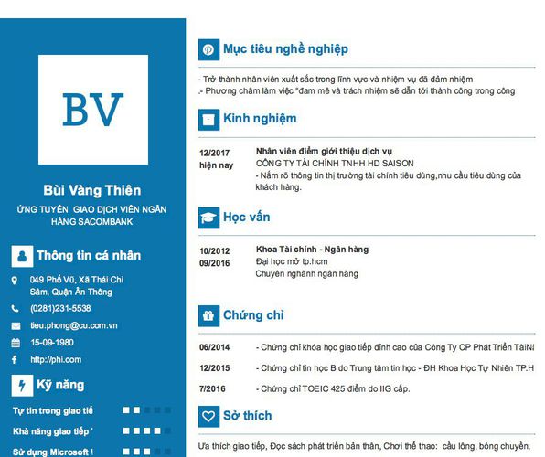Gợi ý cách viết Mẫu CV tham khảo ỨNG TUYỂN  GIAO DỊCH VIÊN NGÂN HÀNG SACOMBANK