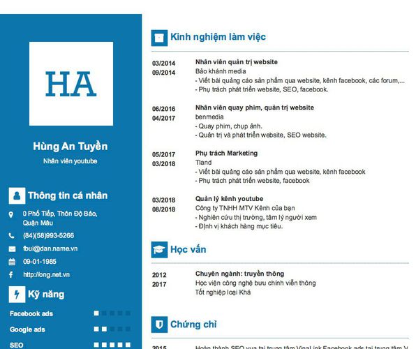 Mẫu CV Nhân viên youtube