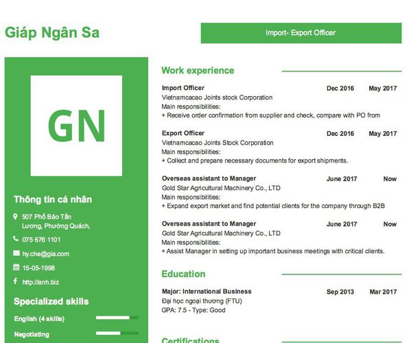 Mẫu CV Import- Export Officer