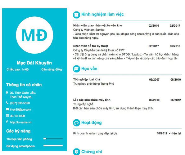Mẫu CV Chiều cao: 1m65                Cân nặng: 60kg