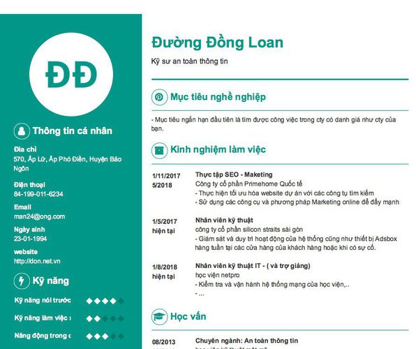 Mẫu CV Kỹ sư an toàn thông tin