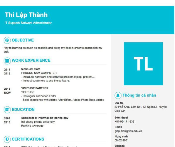 Mẫu CV IT Support/ Network Administrator