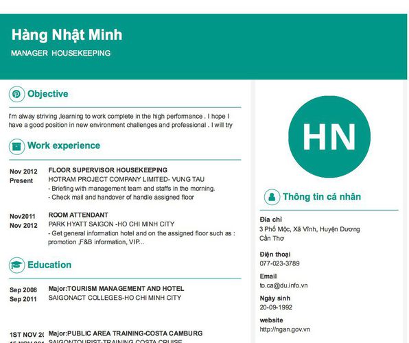 Mẫu CV MANAGER  HOUSEKEEPING